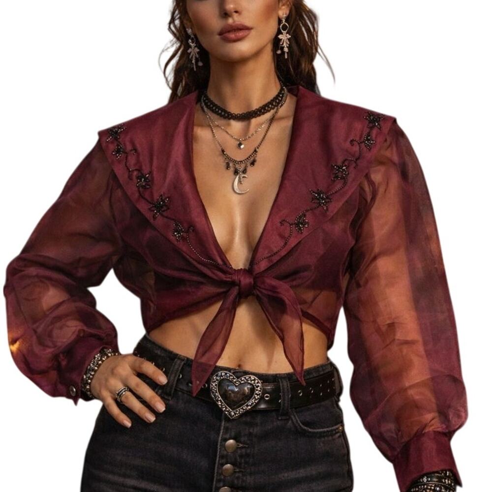 Vintage Beaded Organza Jacket Merlot Floral Whimsygoth Fairy Indie One Size